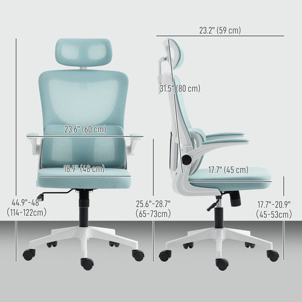 High-back mesh office chair with swivel headrest, light blue