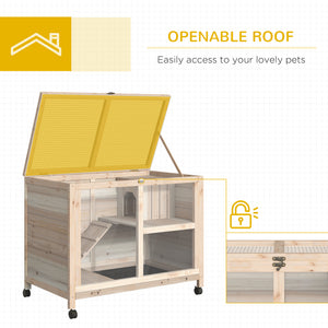 Indoor Rabbit Hutch with Wheels, Bunny Cage Guinea Pig House W/ Top Access, Ramp, Pull Out Tray, Natural Wood