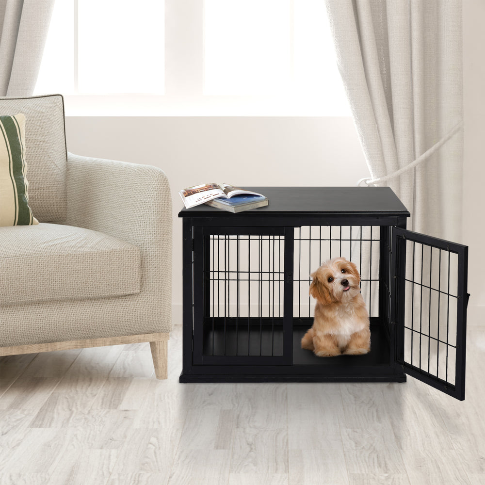 26-inch Wooden Double Door Dog Crate, Black