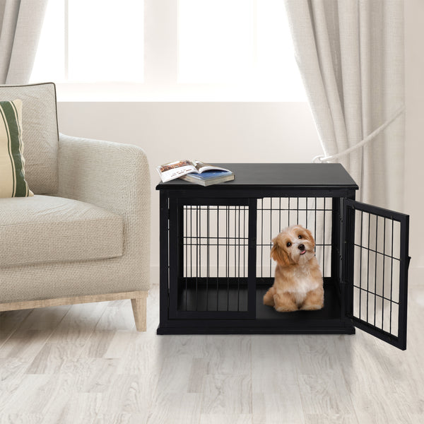 Cage pour chien en bois de 26 pouces avec double porte, noire