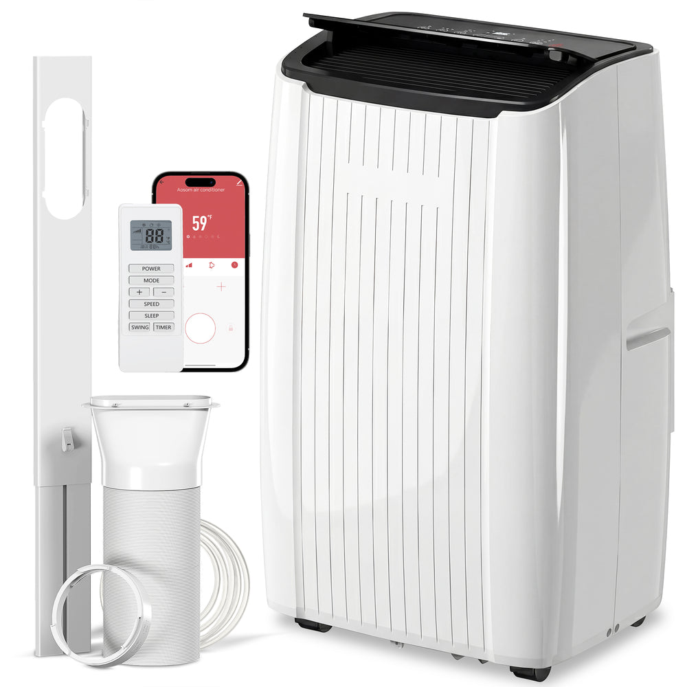 Climatiseur portable 12 000 BTU 5 en 1 avec fonctions refroidissement, chauffage, déshumidification, ventilation, mode sommeil, commande vocale Wi-Fi, blanc
