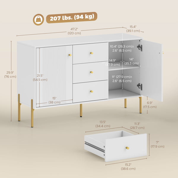Buffet de rangement moderne avec 3 tiroirs à fermeture douce et 2 étagères réglables, blanc