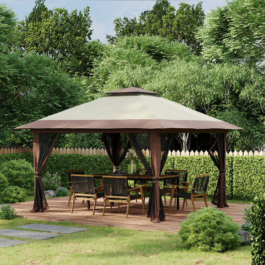 Gazebo escamotable 13' x 13', toit à deux niveaux, facile à monter, avec filets, sac, beige