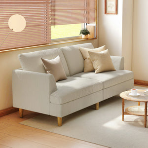 Canapé 3 places revêtement en velours côtelé moderne, coussins à ressorts épais, pieds et accoudoirs en bois massif, beige