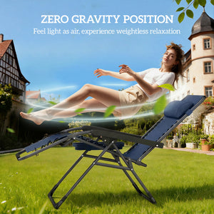 Ensemble de 2 chaises longues d'extérieur Zero Gravity, pliantes et inclinables, avec porte-gobelet et appui-tête, bleu foncé