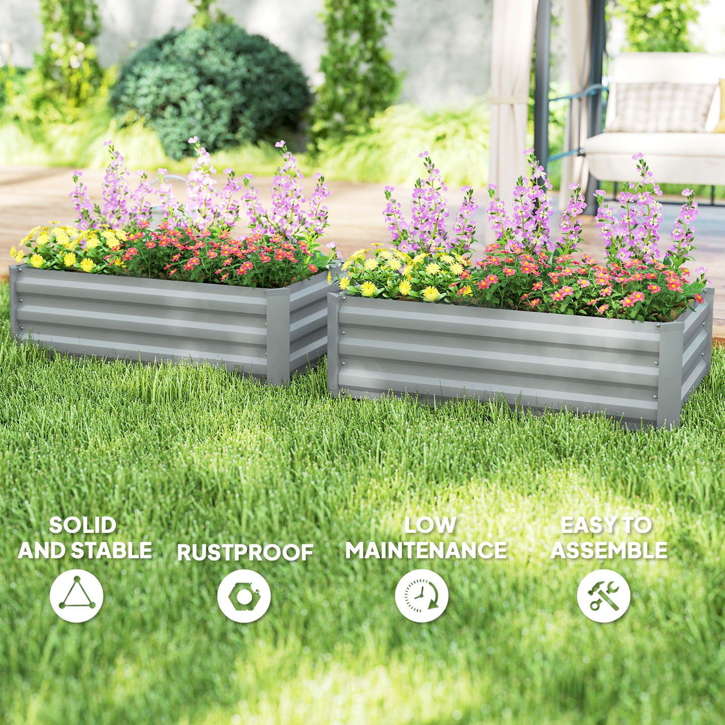 Outsunny Set of 2 Galvanized Raised Beds for Garden, Outdoor Planter Box for Flowers, Herbs and Vegetables, Light Gray |