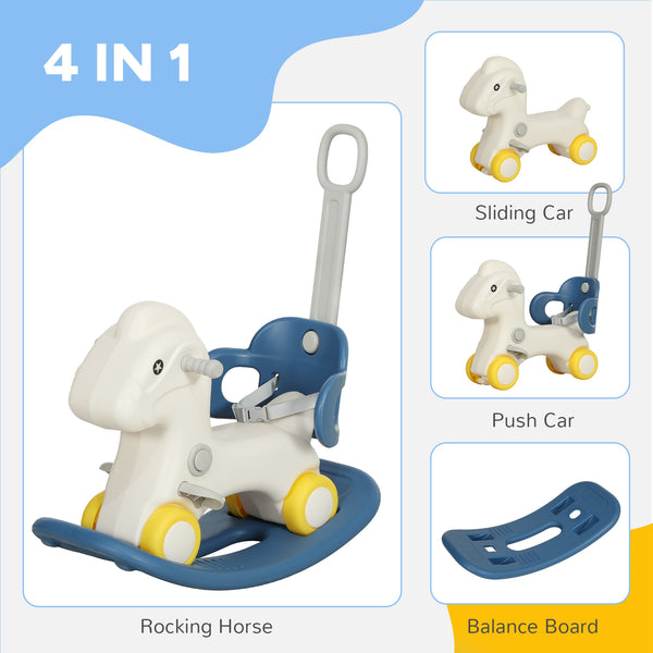 4-in-1 Kids Rocking Horse with Removable Balance Board and Push Handle, Blue