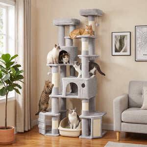 Arbre à chat géant de 79 po à 5 niveaux avec 2 condos, hamac et griffoirs, gris
