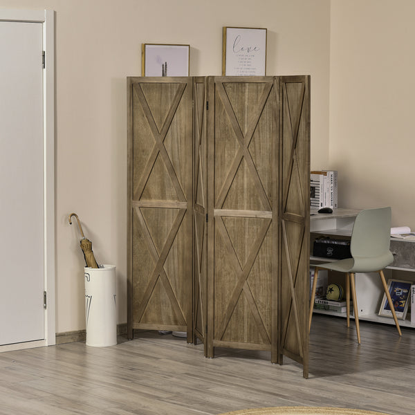 Cloison de séparation 4 panneaux style ferme avec cadre en bois, marron