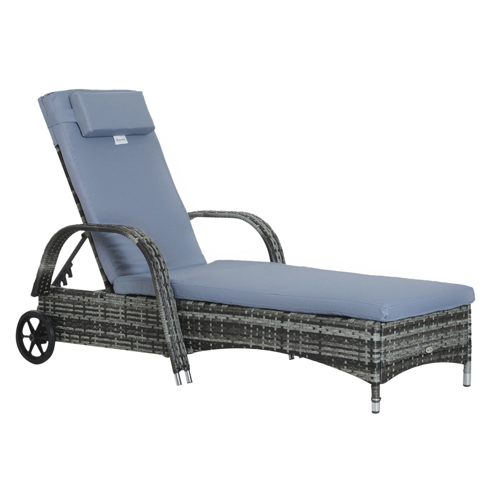 Chaise longue en résine tressée avec appui-tête, gris chiné
