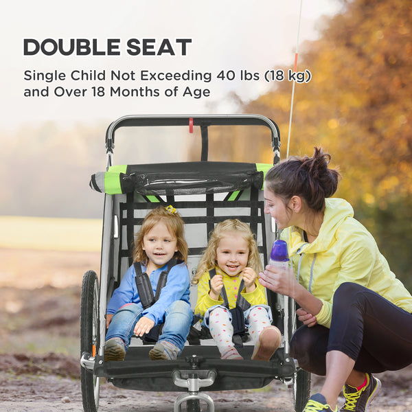 2-seater child bike trailer with 5-point harness, waterproof cover, green