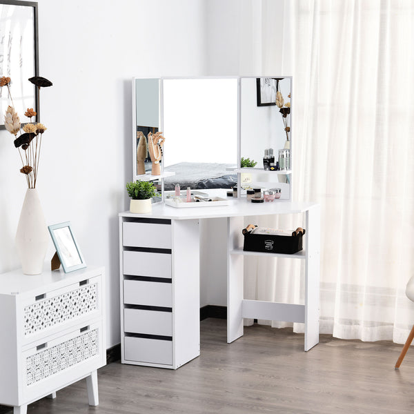 Coiffeuse d'angle avec miroir 3 pièces et 5 tiroirs, blanc