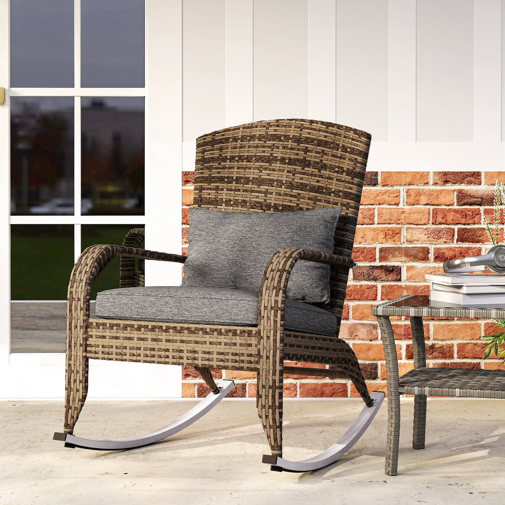 Adirondack Chair, Outdoor Wicker Rocking Chair with High Back, Seat Cushion and Pillow for Porch, Balcony, Grey/Yellow