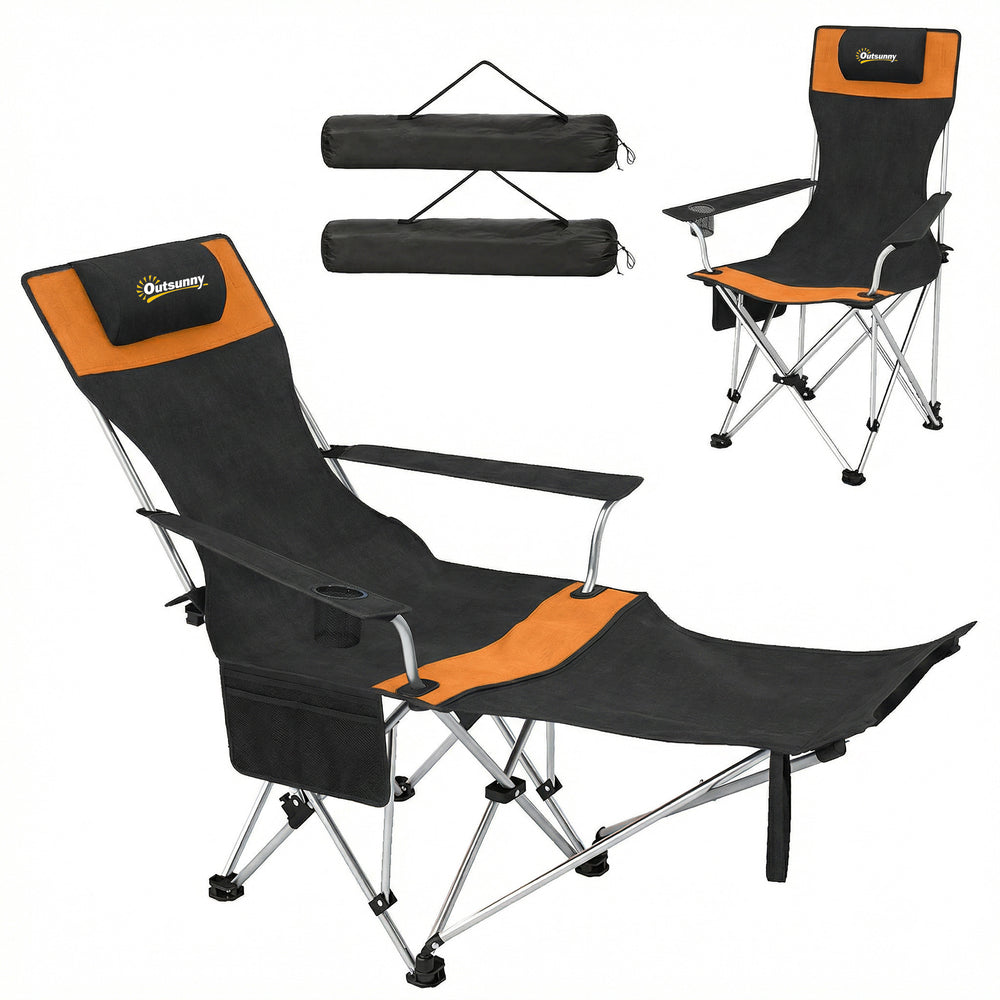 Ensemble de 2 chaises de camping inclinables avec repose-pieds, pliante avec appui-tête, porte-gobelet et sac de rangement, orange