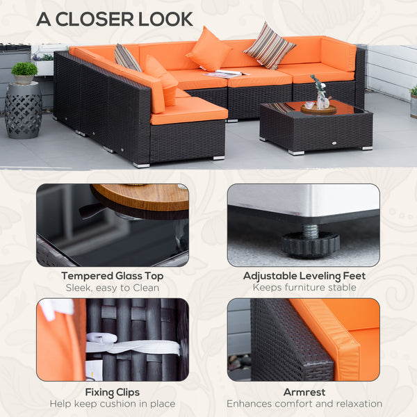 Ensemble de jardin modulable 7 pièces en résine tressée avec table basse, orange