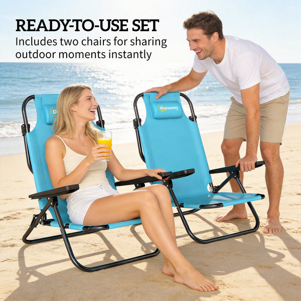 Set of 2 beach chairs, foldable and adjustable in 5 positions, with headrest and armrests, light blue.