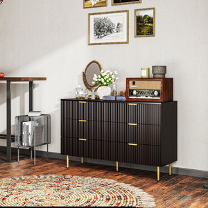 Commode moderne à 6 tiroirs pour chambre à coucher avec pieds et poignées dorés, noir