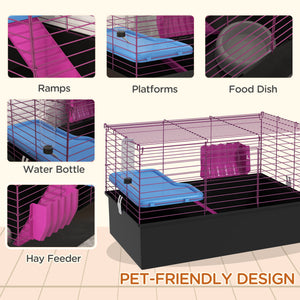 Cage pour petits animaux avec biberon, gamelle, plateforme et rampe, noire