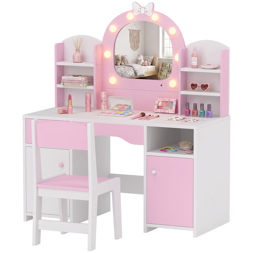 Coiffeuse enfant avec miroir éclairé et siège, rose