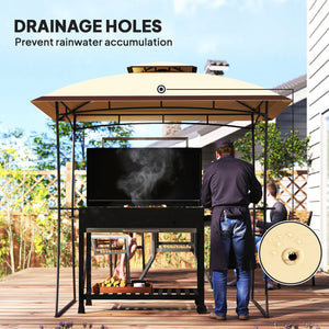 Gazebo pour barbecue à deux niveaux, 2 étagères latérales et crochet, beige