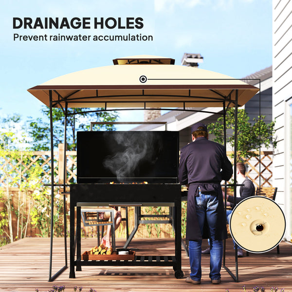 Gazebo pour barbecue à deux niveaux, 2 étagères latérales et crochet, beige