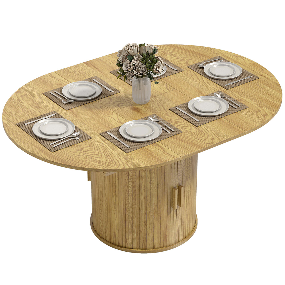 Extendable Dining Table for 6, 60" Farmhouse Kitchen Table with 2-Tier Storage Shelf and Fluted Sliding Doors, Natural