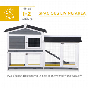 Two-tier wooden hutch with ramp and outdoor run, grey