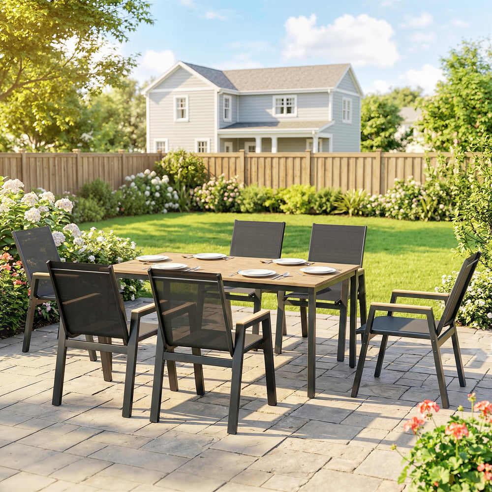 7-piece outdoor dining set, including a rectangular table and 6 mesh chairs with a slatted top