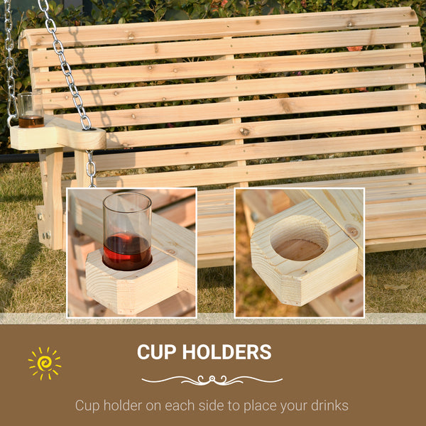 2 Seater Porch Swing Wooden Patio Swing Chair Seat with Cup Holder and Chains Outdoor Swing Bench for Garden Yard, Natural