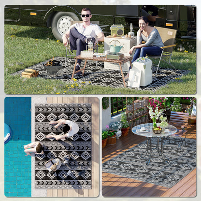 Tapis d'extérieur réversible pour patio, tapis en paille plastique 6' x 9' pour jardin, terrasse, plage, camping, noir et gris
