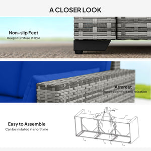 Canapé d'extérieur 3 places en rotin PE avec coussins, bleu