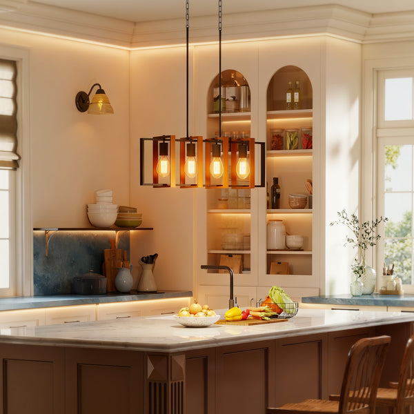 Luminaire suspendu linéaire style ferme, avec 4 abat-jour rotatifs et hauteur réglable, finition noyer