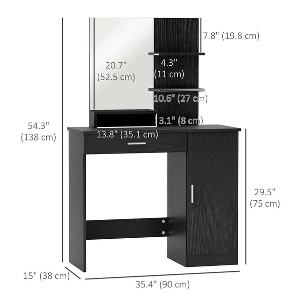 Coiffeuse avec miroir, tiroir, compartiment ouvert et étagères, noir