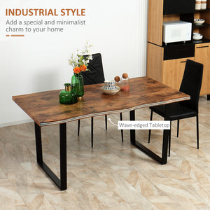 Industrial style dining table with wavy edge top and steel legs, rustic brown