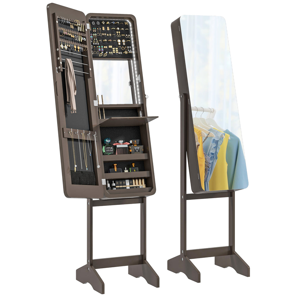 Armoire à bijoux sur pied avec miroir, éclairage LED, marron