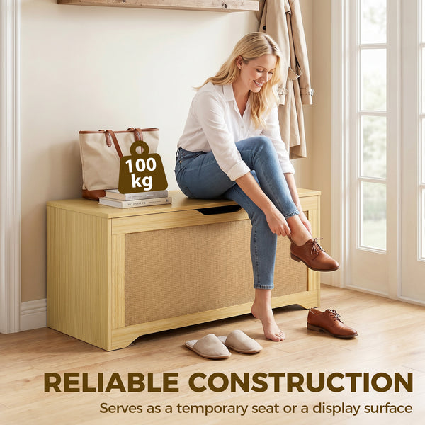 Coffre de rangement de 35,9 gal avec façade en rotin et couvercle à fermeture lente – Chêne