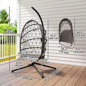 Fauteuil suspendu avec support, en rotin tressé avec coussin épais et corde de sécurité, marron