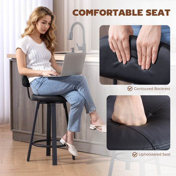 Ensemble de 2 tabourets de bar rembourrées avec repose-pieds et dossier pour comptoir de cuisine, noir