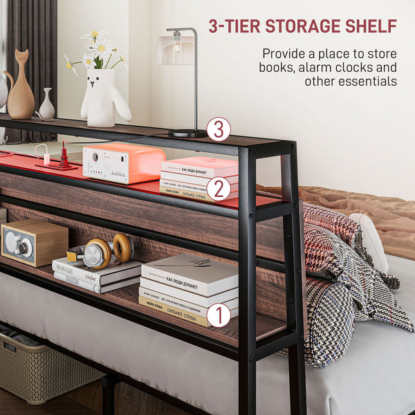 Cadre de lit Queen Size avec éclairage LED et station de charge, noyer