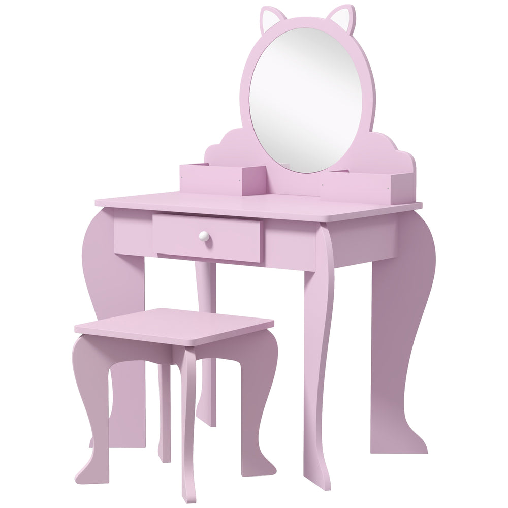 Coiffeuse avec miroir et tabouret, motif chat, rose