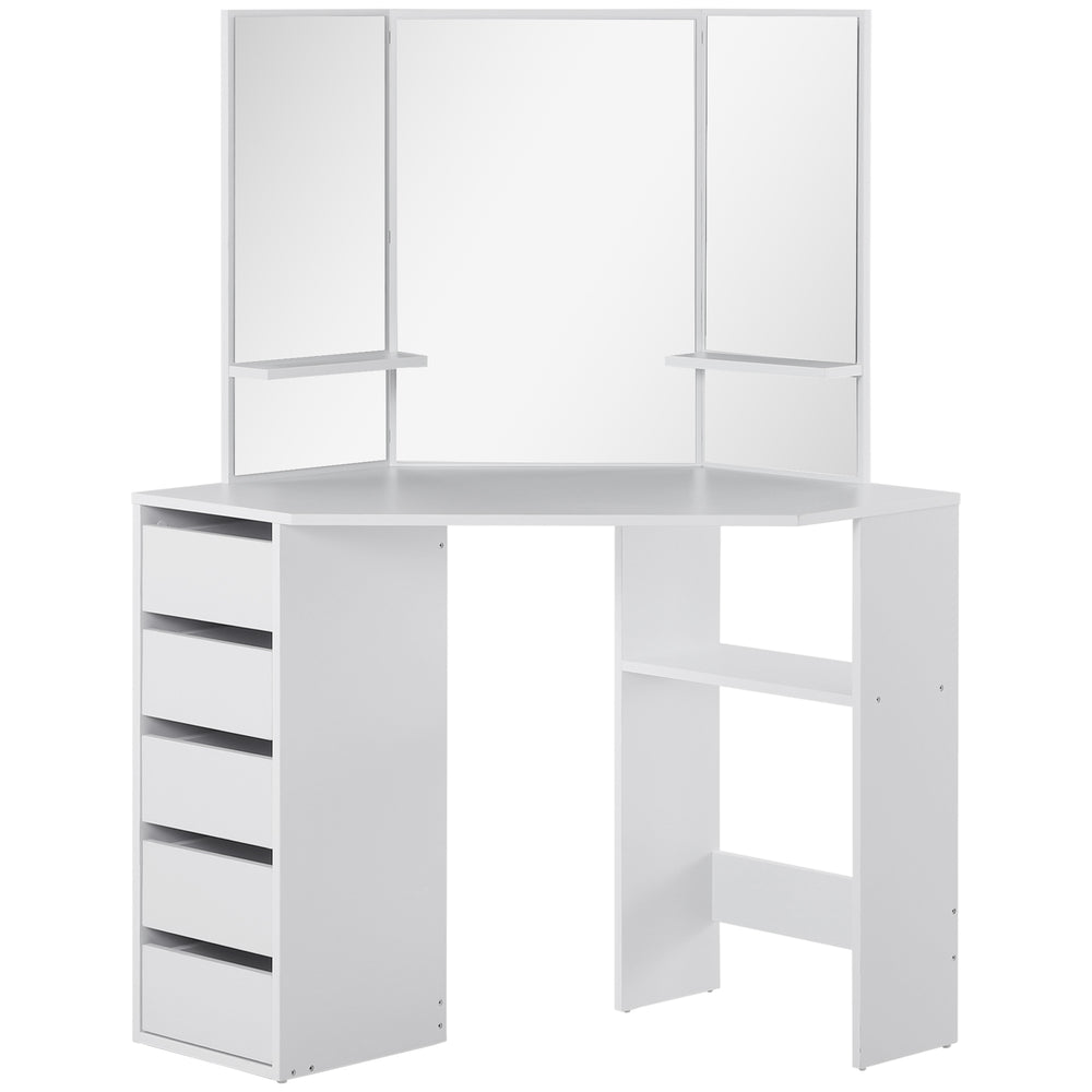 Coiffeuse d'angle avec miroir 3 pièces et 5 tiroirs, blanc