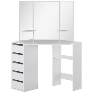 Coiffeuse d'angle avec miroir 3 pièces et 5 tiroirs, blanc