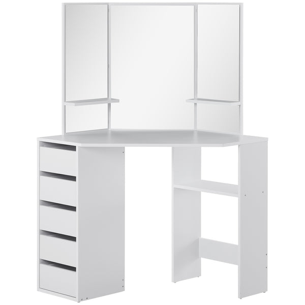Coiffeuse d'angle avec miroir 3 pièces et 5 tiroirs, blanc
