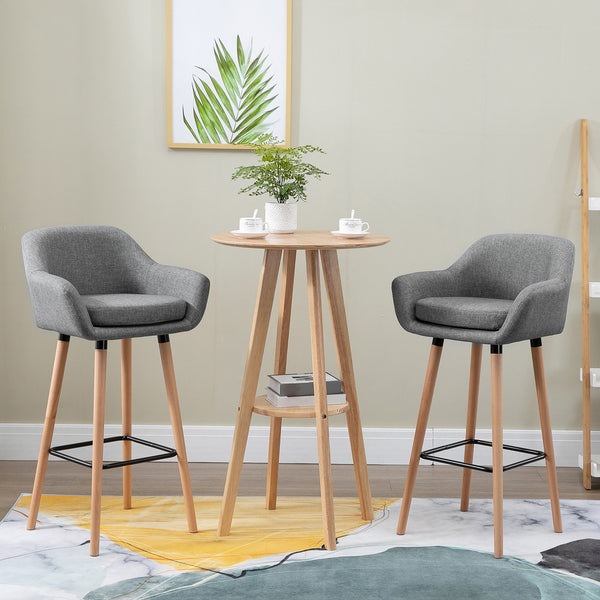 Lot de 2 tabourets de bar modernes rembourrés en tissu avec structure en métal et pieds en bois massif, Gris