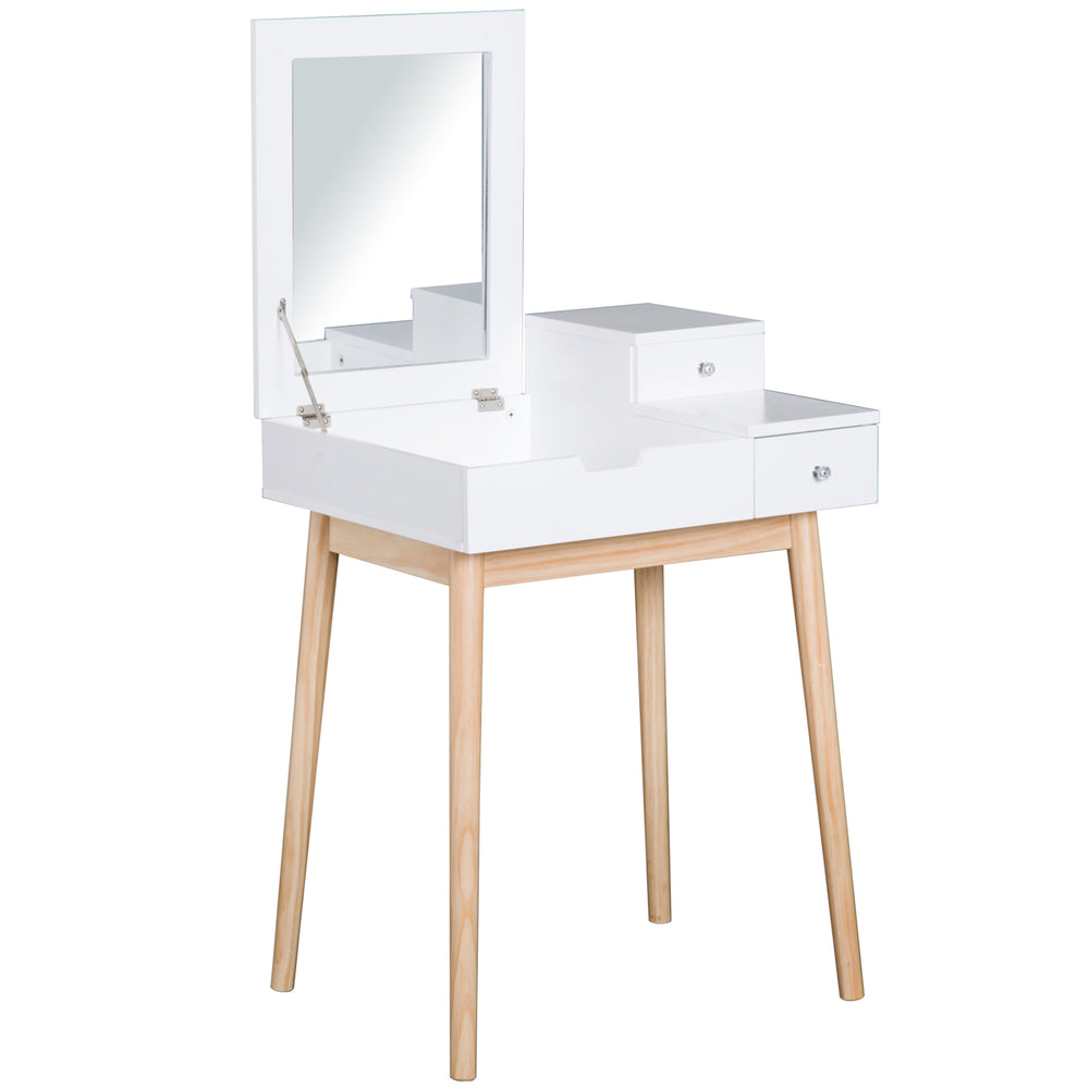 Coiffeuse avec miroir rabattable et 2 tiroirs, blanche