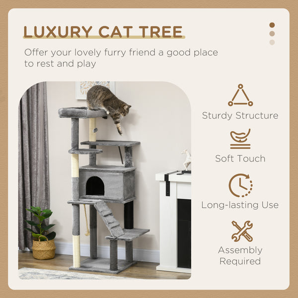 Arbre à chat 147 cm de haut avec poteaux à griffer, grande tour pour chats d'intérieur avec couchage, niche et jouets, gris