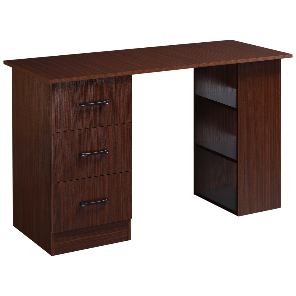 Bureau d'ordinateur avec étagères de rangement à 3 niveaux avec tiroirs, couleur noyer