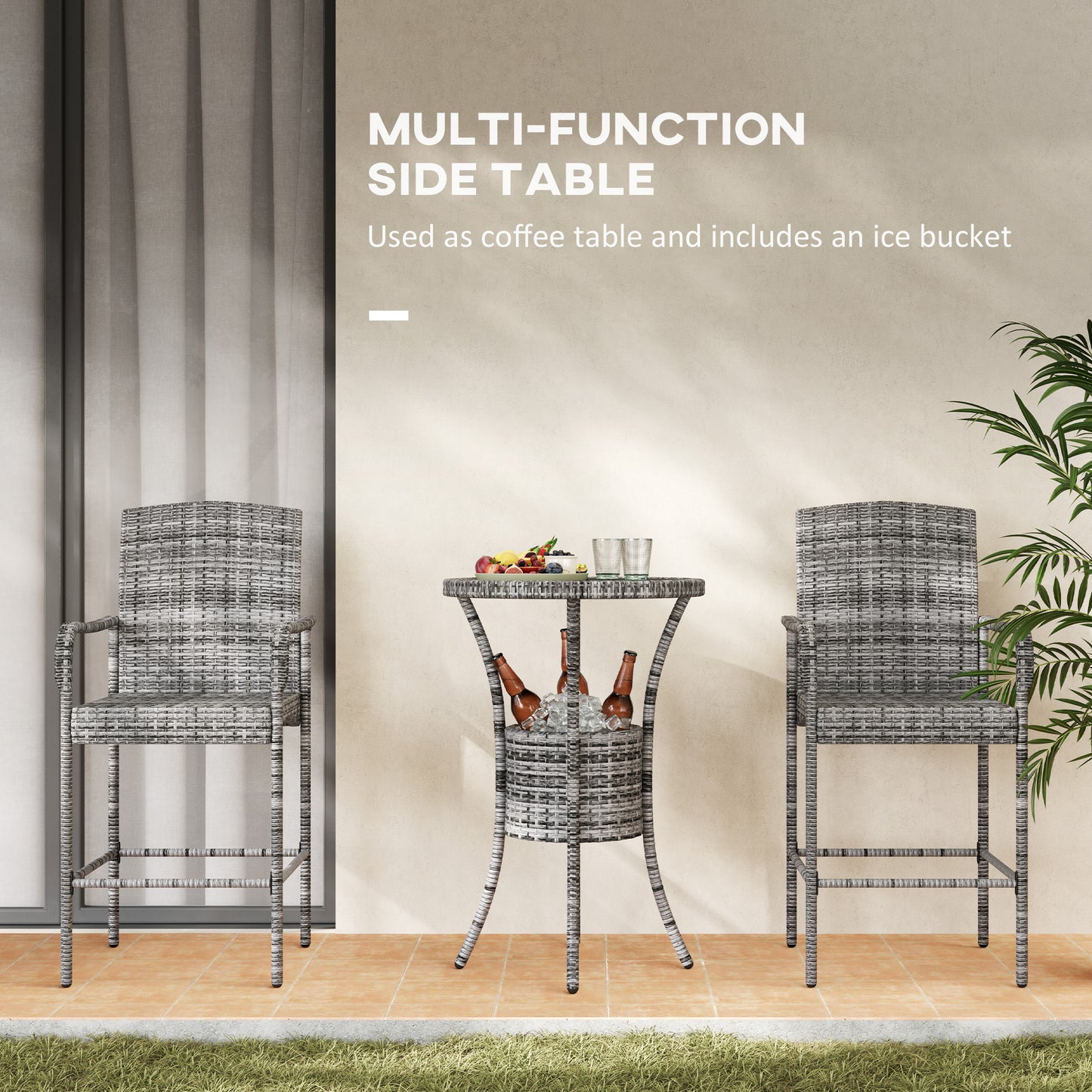 Outsunny 3 Piece Patio Bar Set, Rattan Bistro Table and Chairs, Garden Furniture with Ice Bucket, Grey Mix