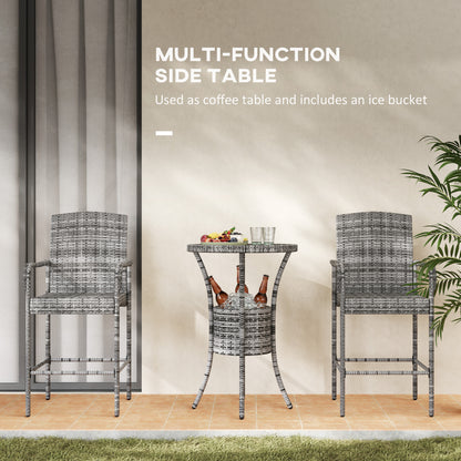 Outsunny 3 Piece Patio Bar Set, Rattan Bistro Table and Chairs, Garden Furniture with Ice Bucket, Grey Mix