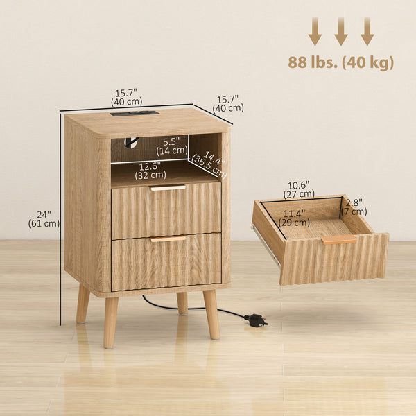 Ensemble de 2 tables de chevet modernes avec station de recharge, 2 tiroirs et une étagère ouverte, chêne